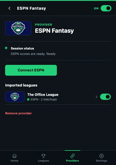 Connect and verify espn. Numbered callouts explained below; fictional demo data.