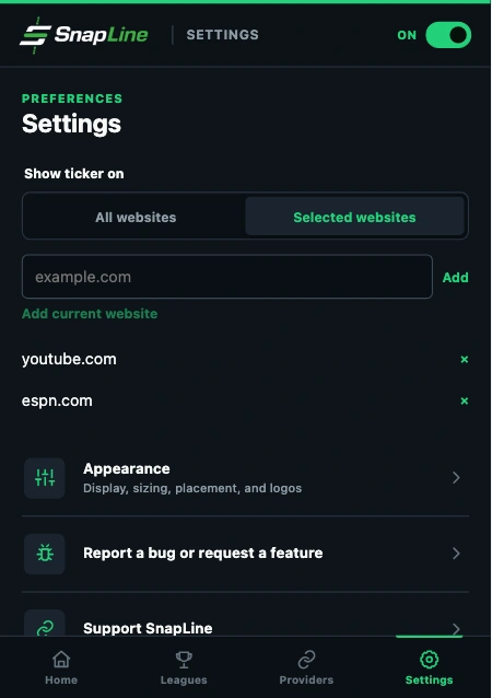 SnapLine Settings with fictional demo data
